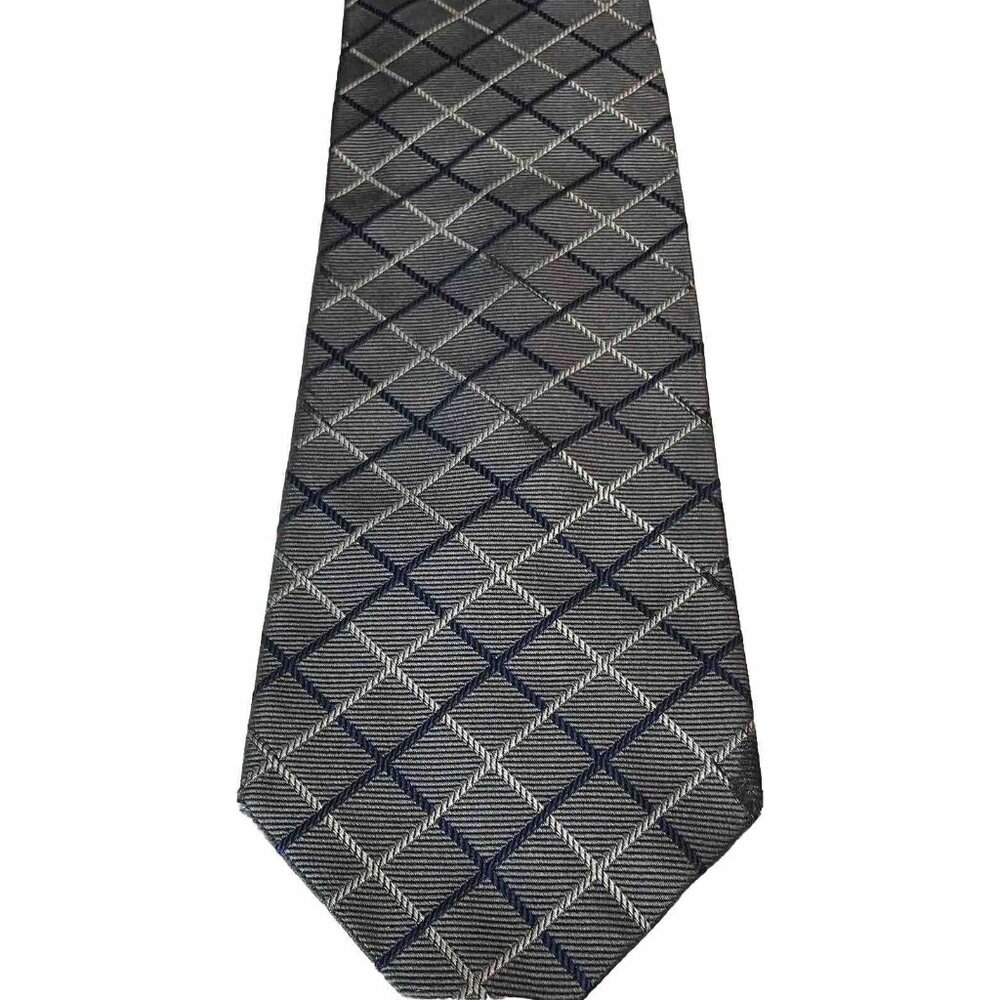 Brooks Brothers Power Silk Tie Gray Navy  Blue Plaid  Woven in England 3.75"